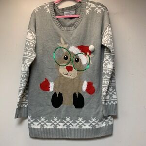 With Love Derek Christmas Sweater Women 1X Grey Excellent Reindeer Sequin PomPom